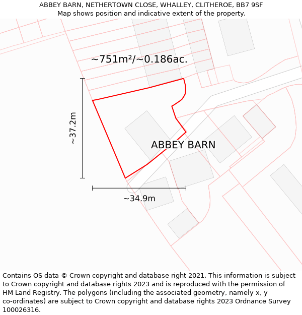 ABBEY BARN, NETHERTOWN CLOSE, WHALLEY, CLITHEROE, BB7 9SF: Plot and title map