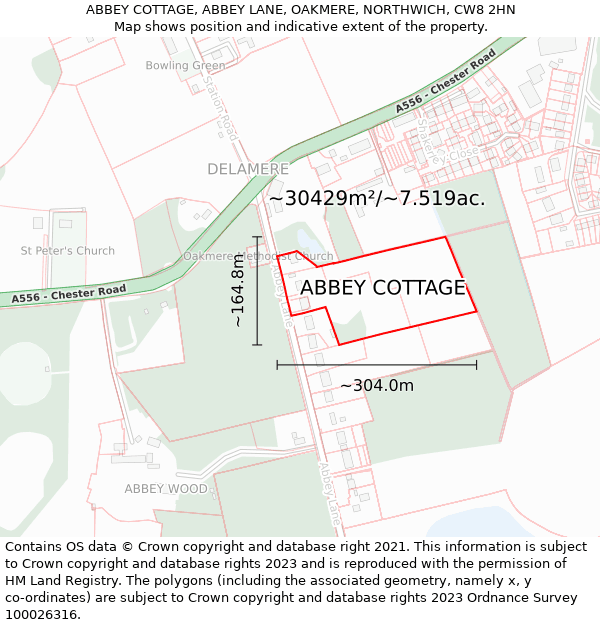 ABBEY COTTAGE, ABBEY LANE, OAKMERE, NORTHWICH, CW8 2HN: Plot and title map