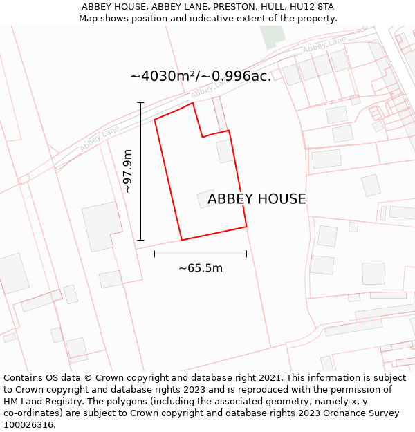 ABBEY HOUSE, ABBEY LANE, PRESTON, HULL, HU12 8TA: Plot and title map
