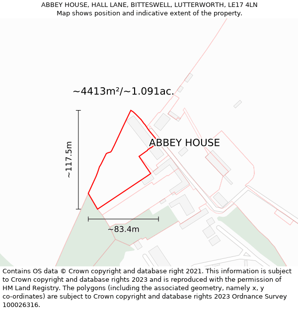 ABBEY HOUSE, HALL LANE, BITTESWELL, LUTTERWORTH, LE17 4LN: Plot and title map