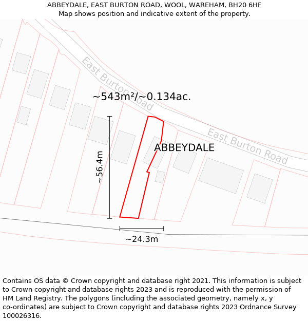 ABBEYDALE, EAST BURTON ROAD, WOOL, WAREHAM, BH20 6HF: Plot and title map