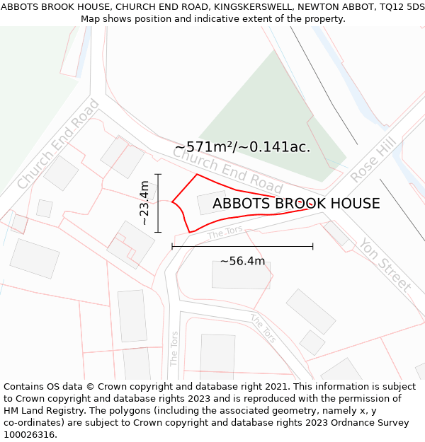 ABBOTS BROOK HOUSE, CHURCH END ROAD, KINGSKERSWELL, NEWTON ABBOT, TQ12 5DS: Plot and title map