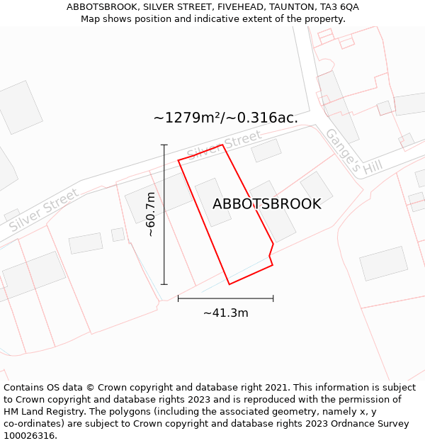 ABBOTSBROOK, SILVER STREET, FIVEHEAD, TAUNTON, TA3 6QA: Plot and title map