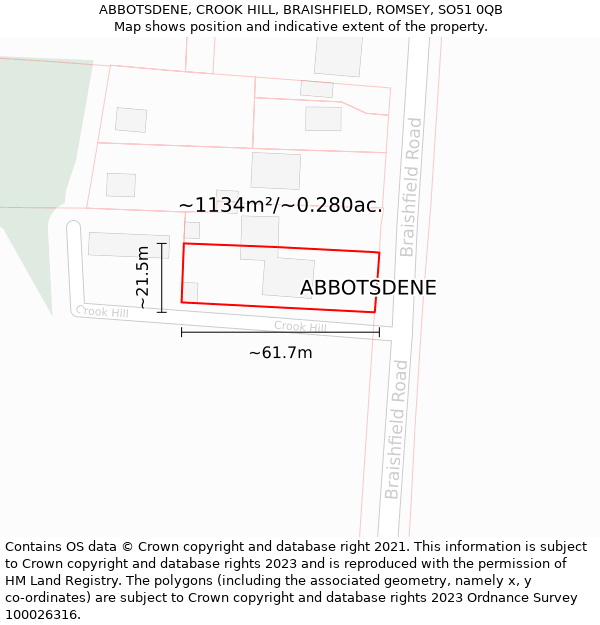 ABBOTSDENE, CROOK HILL, BRAISHFIELD, ROMSEY, SO51 0QB: Plot and title map