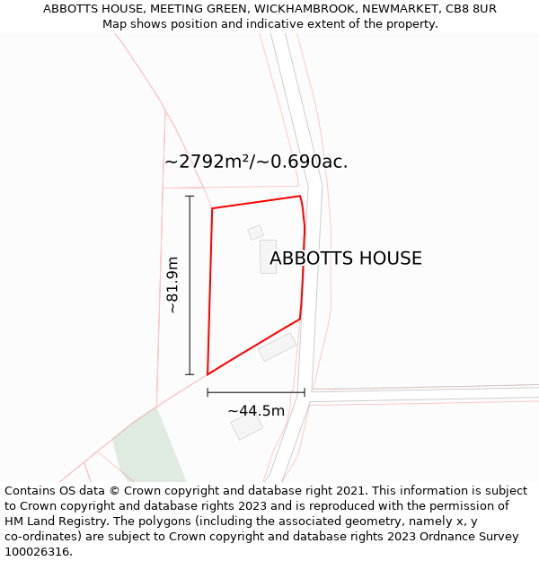 ABBOTTS HOUSE, MEETING GREEN, WICKHAMBROOK, NEWMARKET, CB8 8UR: Plot and title map