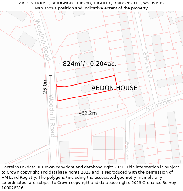 ABDON HOUSE, BRIDGNORTH ROAD, HIGHLEY, BRIDGNORTH, WV16 6HG: Plot and title map