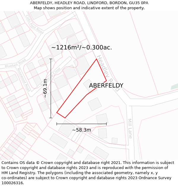 ABERFELDY, HEADLEY ROAD, LINDFORD, BORDON, GU35 0PA: Plot and title map