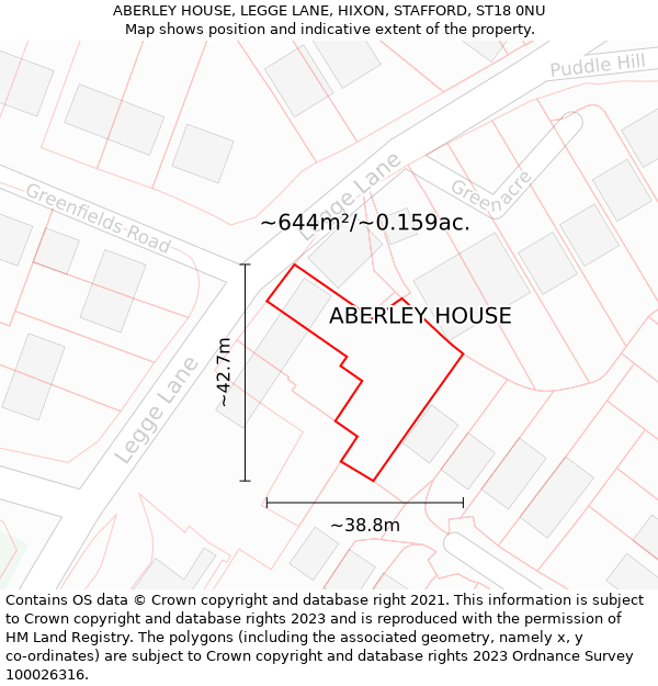 ABERLEY HOUSE, LEGGE LANE, HIXON, STAFFORD, ST18 0NU: Plot and title map
