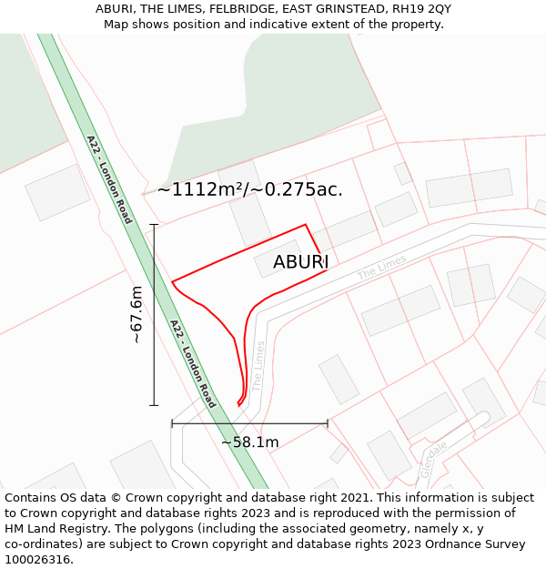 ABURI, THE LIMES, FELBRIDGE, EAST GRINSTEAD, RH19 2QY: Plot and title map