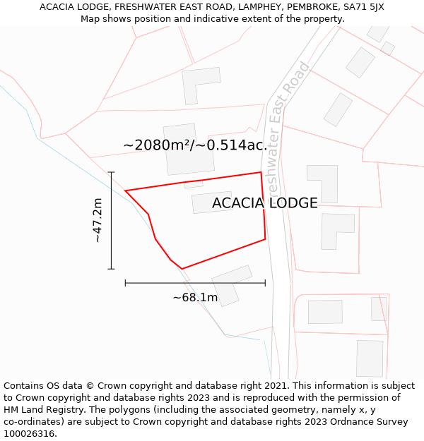ACACIA LODGE, FRESHWATER EAST ROAD, LAMPHEY, PEMBROKE, SA71 5JX: Plot and title map