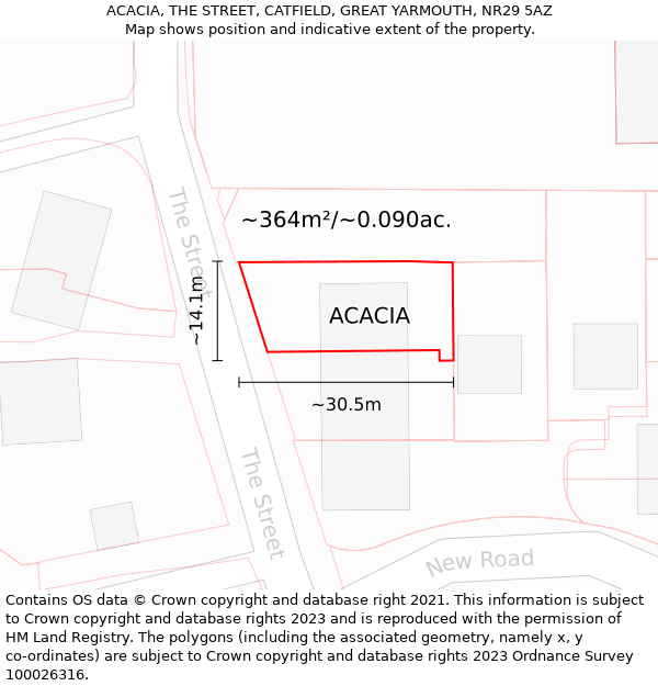 ACACIA, THE STREET, CATFIELD, GREAT YARMOUTH, NR29 5AZ: Plot and title map