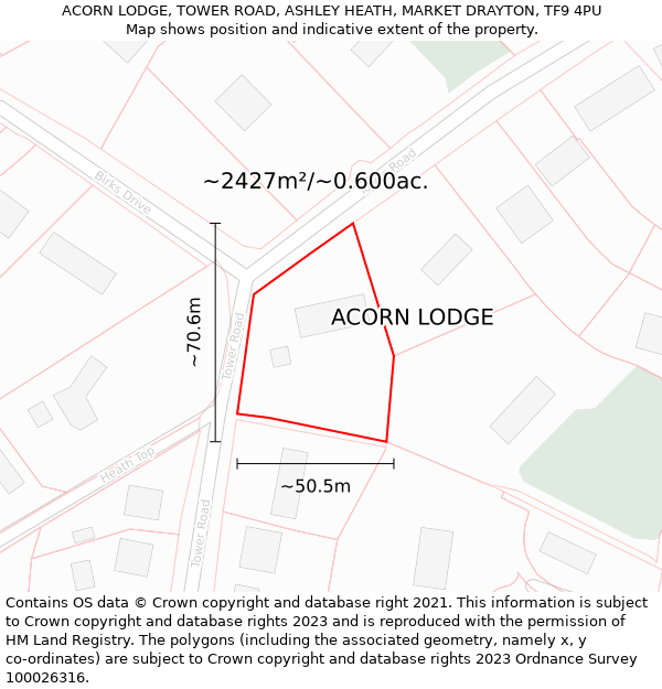 ACORN LODGE, TOWER ROAD, ASHLEY HEATH, MARKET DRAYTON, TF9 4PU: Plot and title map