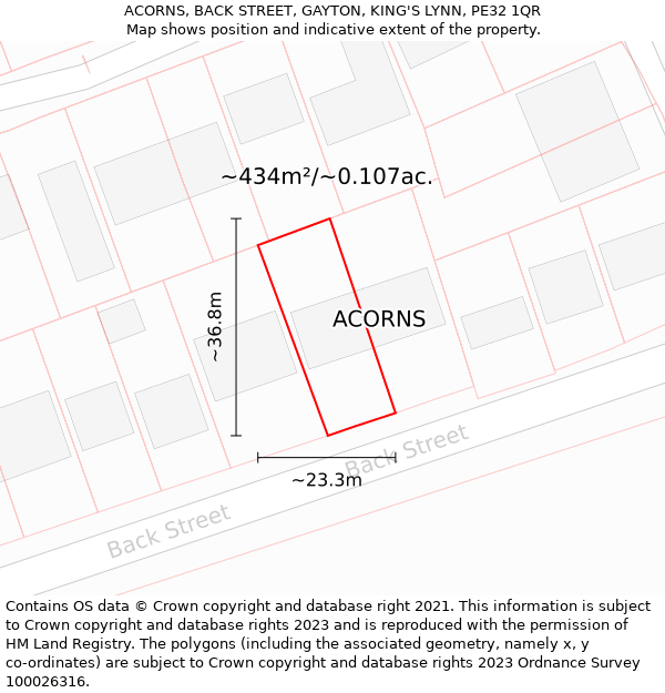 ACORNS, BACK STREET, GAYTON, KING'S LYNN, PE32 1QR: Plot and title map