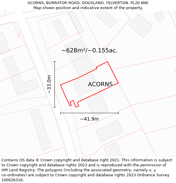 ACORNS, BURRATOR ROAD, DOUSLAND, YELVERTON, PL20 6NE: Plot and title map