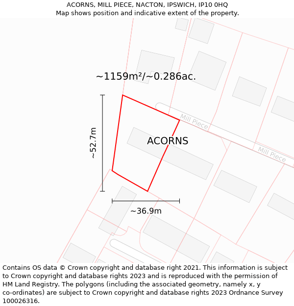 ACORNS, MILL PIECE, NACTON, IPSWICH, IP10 0HQ: Plot and title map