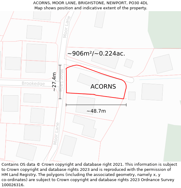 ACORNS, MOOR LANE, BRIGHSTONE, NEWPORT, PO30 4DL: Plot and title map