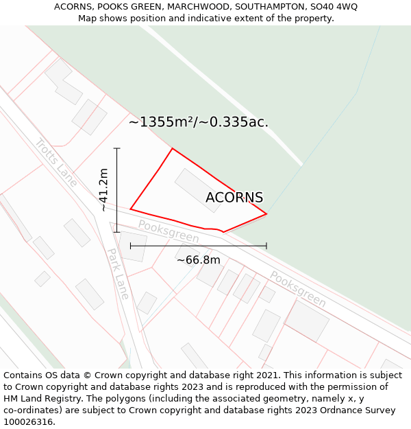 ACORNS, POOKS GREEN, MARCHWOOD, SOUTHAMPTON, SO40 4WQ: Plot and title map