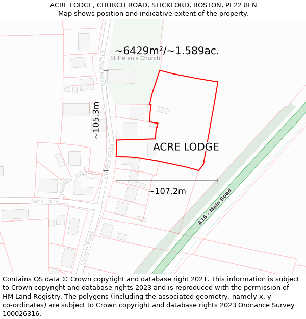 ACRE LODGE, CHURCH ROAD, STICKFORD, BOSTON, PE22 8EN: Plot and title map