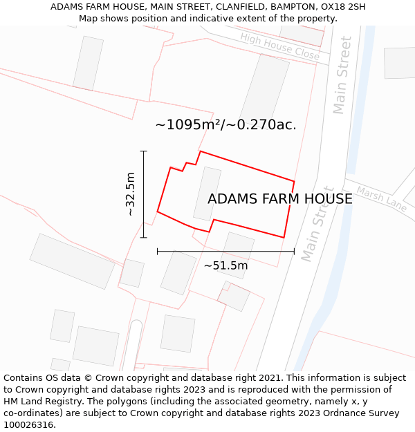 ADAMS FARM HOUSE, MAIN STREET, CLANFIELD, BAMPTON, OX18 2SH: Plot and title map
