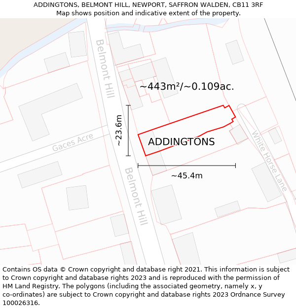 ADDINGTONS, BELMONT HILL, NEWPORT, SAFFRON WALDEN, CB11 3RF: Plot and title map