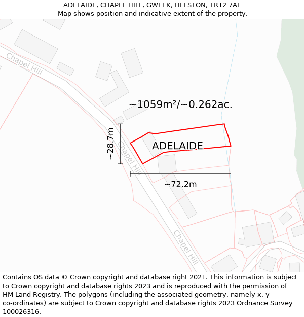 ADELAIDE, CHAPEL HILL, GWEEK, HELSTON, TR12 7AE: Plot and title map