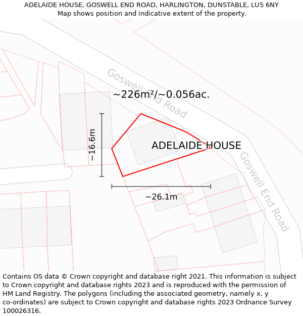 ADELAIDE HOUSE, GOSWELL END ROAD, HARLINGTON, DUNSTABLE, LU5 6NY: Plot and title map