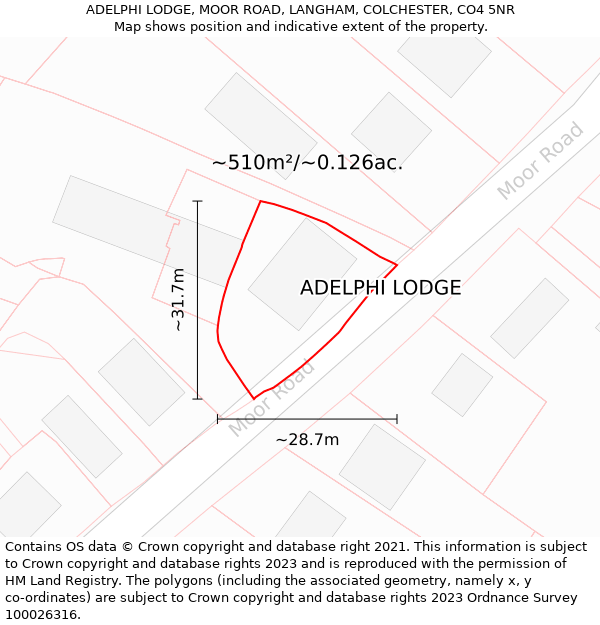 ADELPHI LODGE, MOOR ROAD, LANGHAM, COLCHESTER, CO4 5NR: Plot and title map