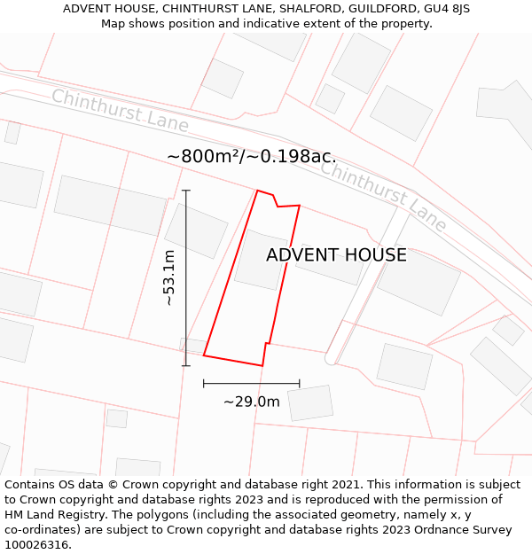 ADVENT HOUSE, CHINTHURST LANE, SHALFORD, GUILDFORD, GU4 8JS: Plot and title map