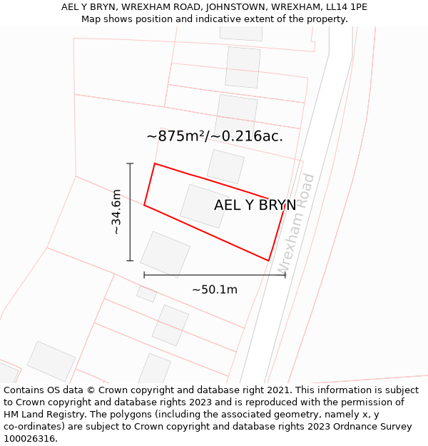 AEL Y BRYN, WREXHAM ROAD, JOHNSTOWN, WREXHAM, LL14 1PE: Plot and title map