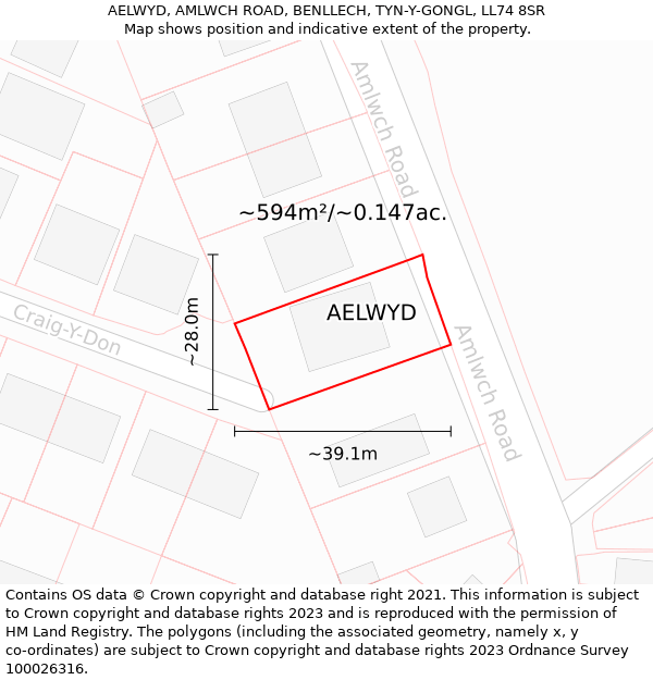 AELWYD, AMLWCH ROAD, BENLLECH, TYN-Y-GONGL, LL74 8SR: Plot and title map