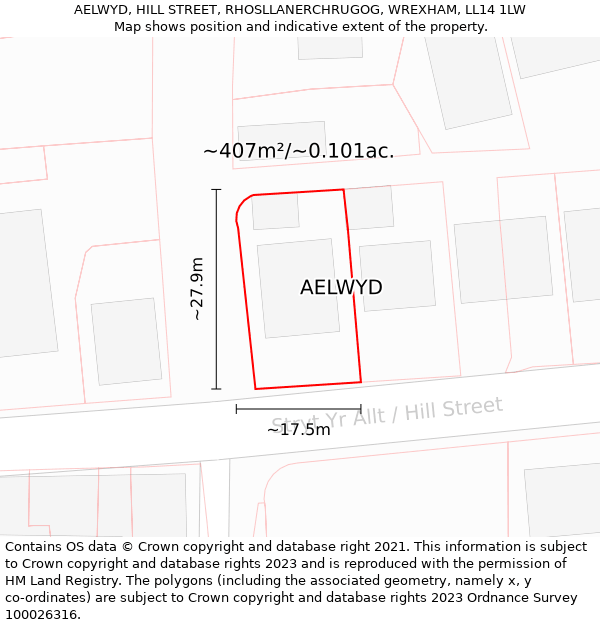 AELWYD, HILL STREET, RHOSLLANERCHRUGOG, WREXHAM, LL14 1LW: Plot and title map