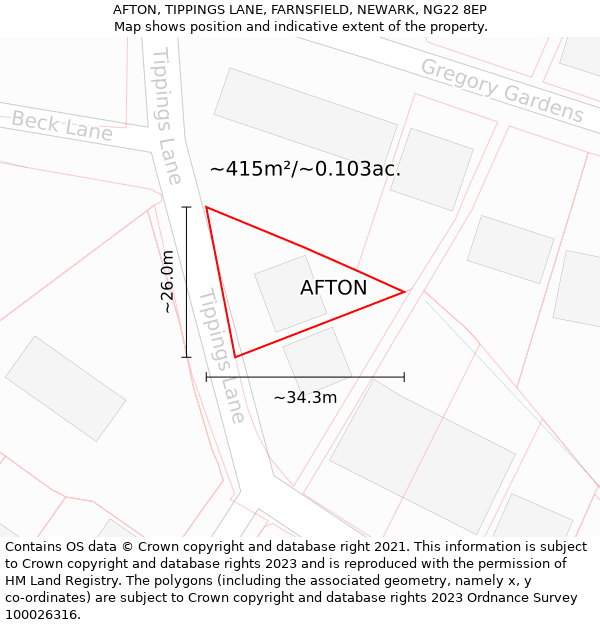 AFTON, TIPPINGS LANE, FARNSFIELD, NEWARK, NG22 8EP: Plot and title map
