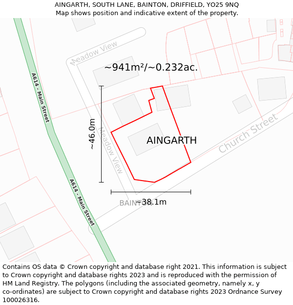 AINGARTH, SOUTH LANE, BAINTON, DRIFFIELD, YO25 9NQ: Plot and title map