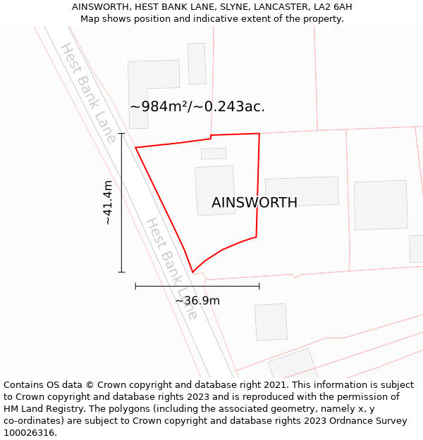 AINSWORTH, HEST BANK LANE, SLYNE, LANCASTER, LA2 6AH: Plot and title map