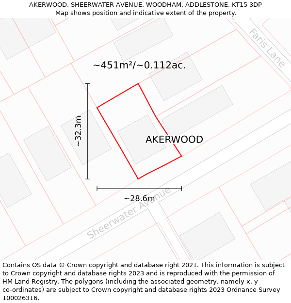 AKERWOOD, SHEERWATER AVENUE, WOODHAM, ADDLESTONE, KT15 3DP: Plot and title map