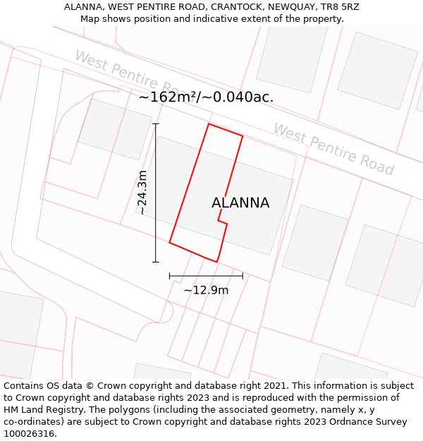 ALANNA, WEST PENTIRE ROAD, CRANTOCK, NEWQUAY, TR8 5RZ: Plot and title map