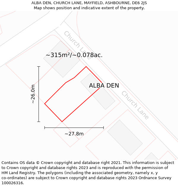 ALBA DEN, CHURCH LANE, MAYFIELD, ASHBOURNE, DE6 2JS: Plot and title map