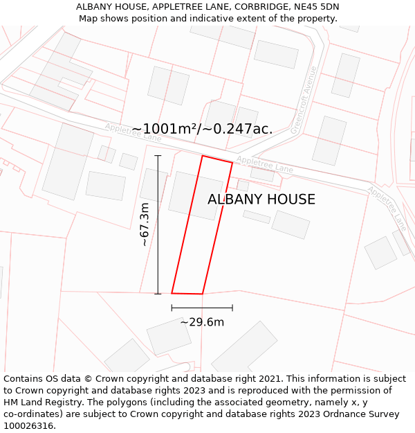 ALBANY HOUSE, APPLETREE LANE, CORBRIDGE, NE45 5DN: Plot and title map
