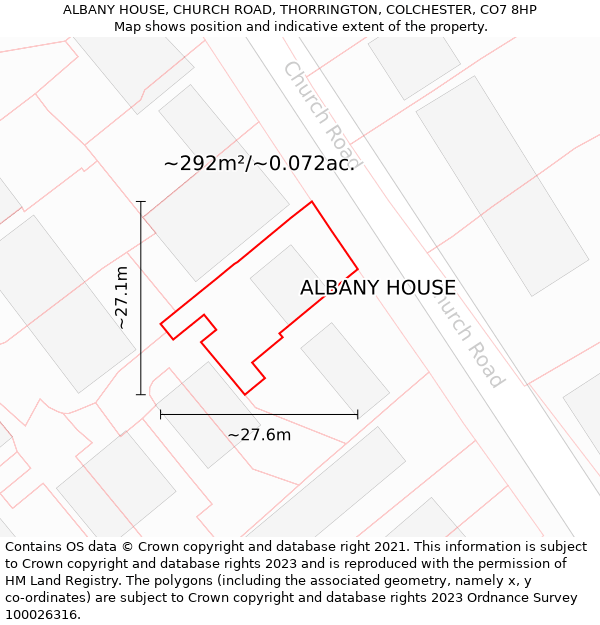 ALBANY HOUSE, CHURCH ROAD, THORRINGTON, COLCHESTER, CO7 8HP: Plot and title map
