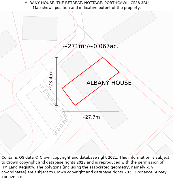 ALBANY HOUSE, THE RETREAT, NOTTAGE, PORTHCAWL, CF36 3RU: Plot and title map