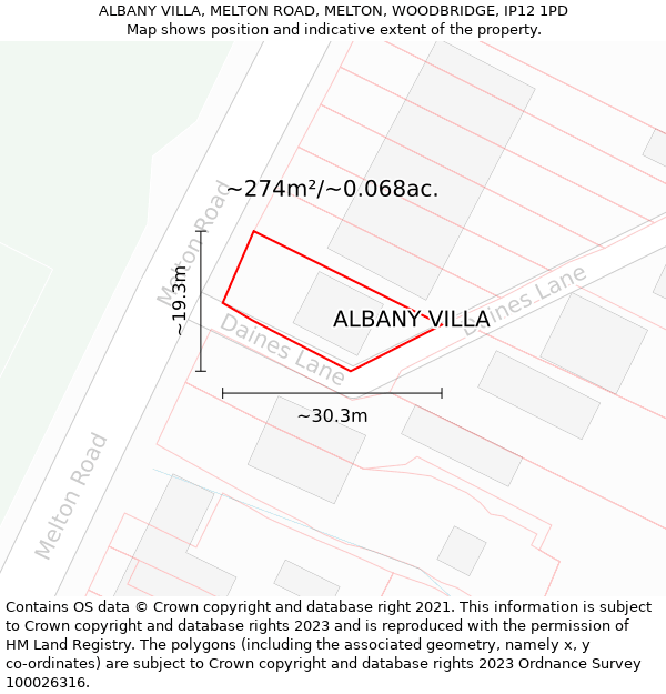 ALBANY VILLA, MELTON ROAD, MELTON, WOODBRIDGE, IP12 1PD: Plot and title map