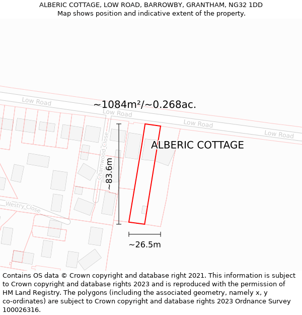 ALBERIC COTTAGE, LOW ROAD, BARROWBY, GRANTHAM, NG32 1DD: Plot and title map