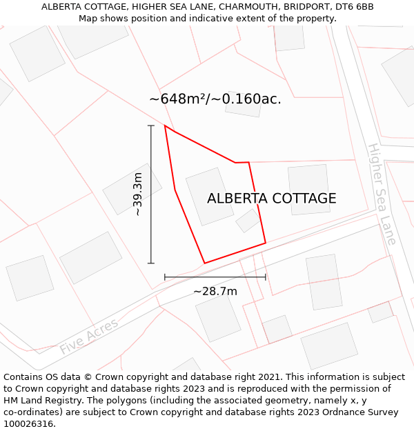 ALBERTA COTTAGE, HIGHER SEA LANE, CHARMOUTH, BRIDPORT, DT6 6BB: Plot and title map