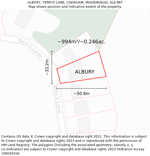 ALBURY, TERRYS LANE, COOKHAM, MAIDENHEAD, SL6 9RT: Plot and title map