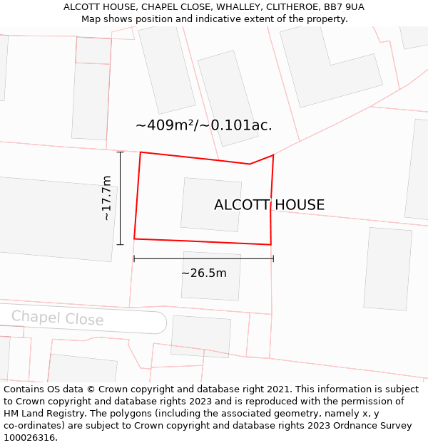 ALCOTT HOUSE, CHAPEL CLOSE, WHALLEY, CLITHEROE, BB7 9UA: Plot and title map