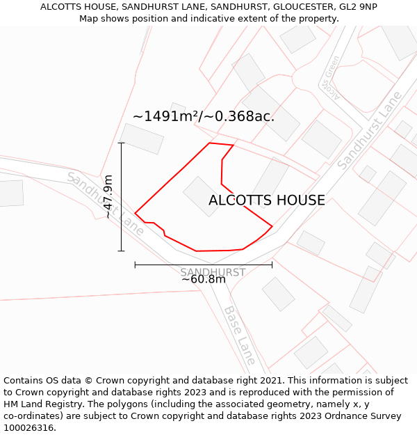 ALCOTTS HOUSE, SANDHURST LANE, SANDHURST, GLOUCESTER, GL2 9NP: Plot and title map