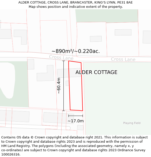 ALDER COTTAGE, CROSS LANE, BRANCASTER, KING'S LYNN, PE31 8AE: Plot and title map