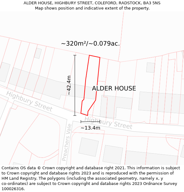 ALDER HOUSE, HIGHBURY STREET, COLEFORD, RADSTOCK, BA3 5NS: Plot and title map