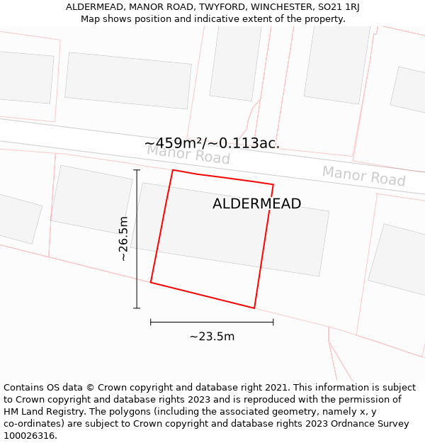 ALDERMEAD, MANOR ROAD, TWYFORD, WINCHESTER, SO21 1RJ: Plot and title map