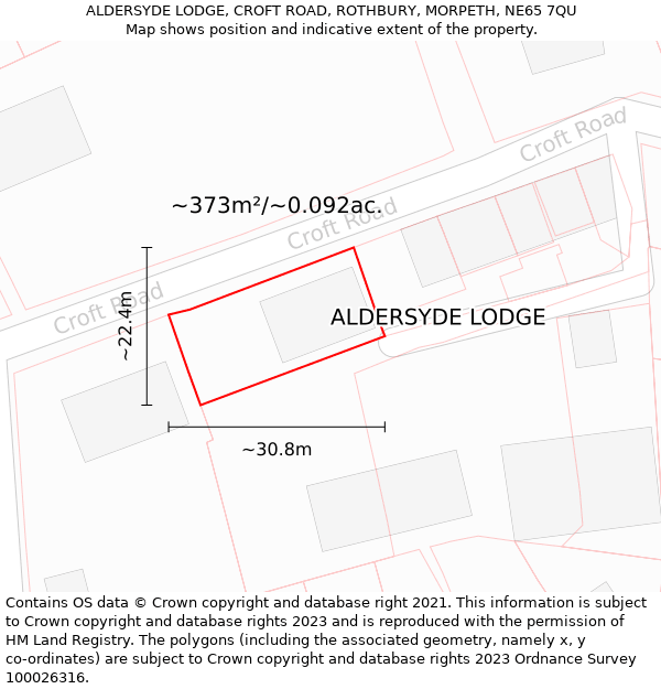 ALDERSYDE LODGE, CROFT ROAD, ROTHBURY, MORPETH, NE65 7QU: Plot and title map